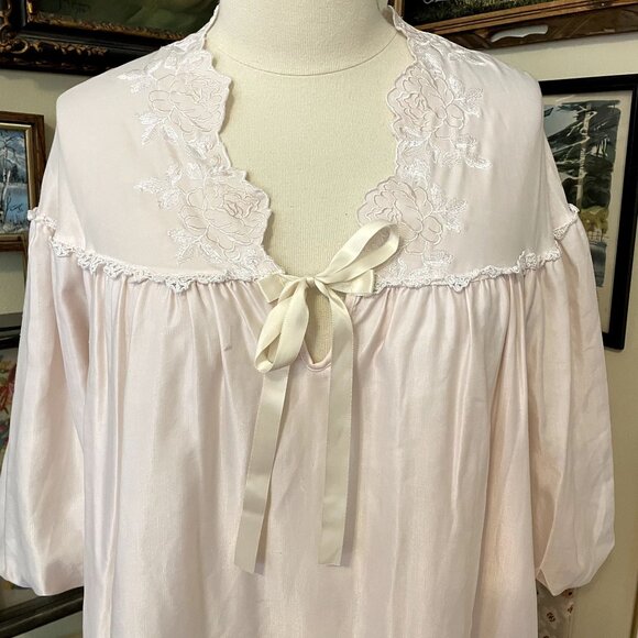 80s Vintage Miss Dior Light Pink Satin Balloon Sleeve Deep-V Midi Nightgown M - Picture 2 of 9
